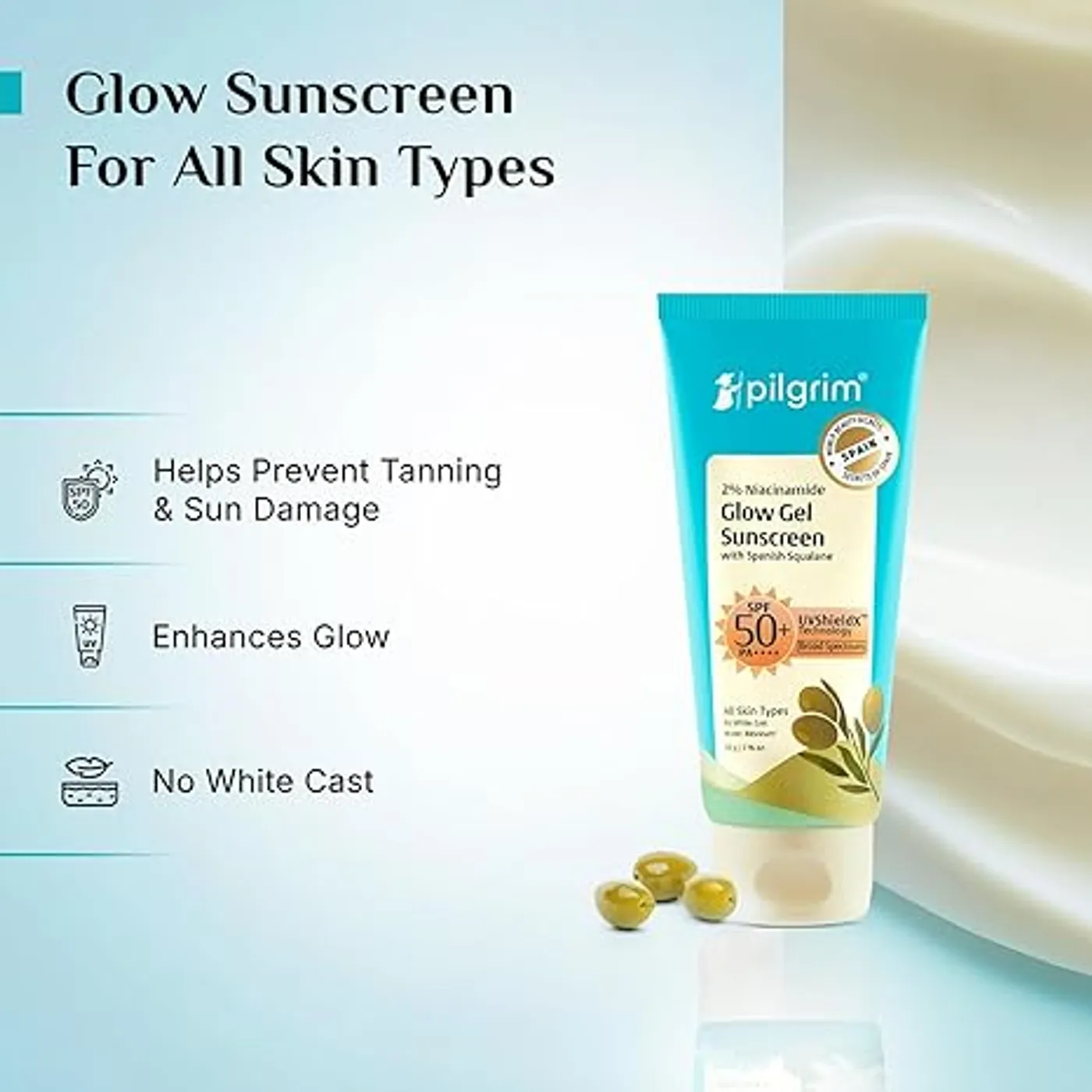 Pilgrim Niacinamide + Squalane SPF 50 PA+++ Hybrid Sunscreen 5 Pilgrim 2% Niacinamide Glow Sunscreen SPF 50 +++ for men and women with Spanish Squalane | Enhances Glow, Broad spectrum, Non-greasy, No white cast & Prevents Tanning | All skin types | 50 gm 5