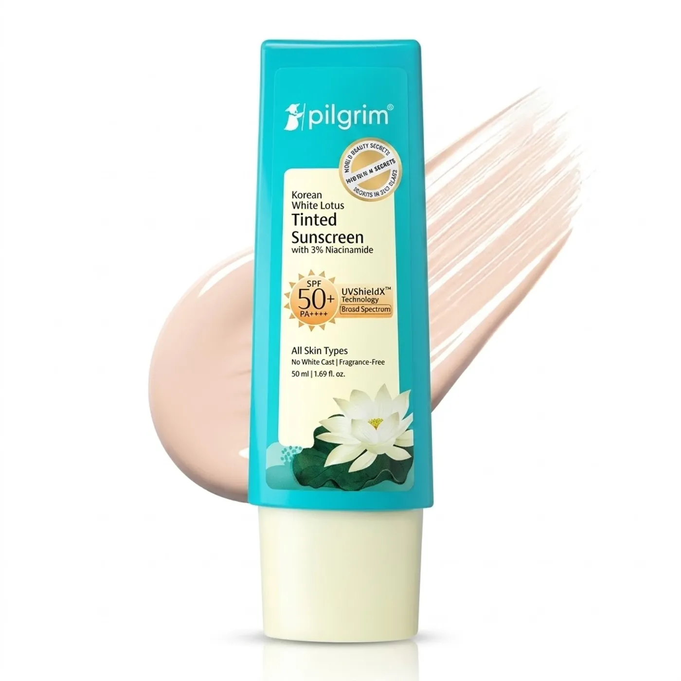 Pilgrim Korean White Lotus Tinted Sunscreen SPF 50+ PA++++ Pilgrim Korean White Lotus Tinted Sunscreen SPF 50+ PA++++ with 3% Niacinamide | No White Cast |Prevents Tanning | Lightweight | For All Skin Types | For Women and Men