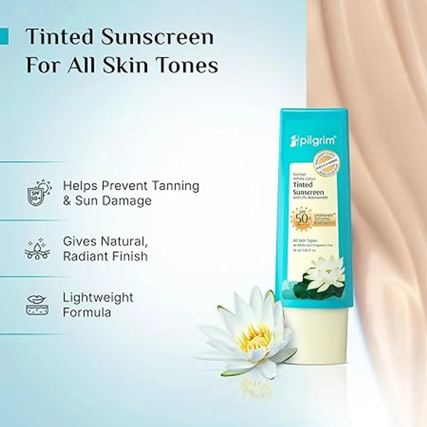 Pilgrim Korean White Lotus Tinted Sunscreen SPF 50+ PA++++ 3 Pilgrim Korean White Lotus Tinted Sunscreen SPF 50+ PA++++ with 3% Niacinamide | No White Cast |Prevents Tanning | Lightweight | For All Skin Types | For Women and Men 3