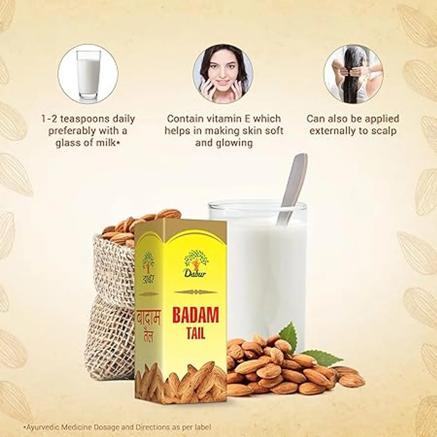 Dabur Badam Tail 100ml | Pure Almond Oil for Skin & Hair Care 3 Dabur Badam Tail - 100ml | 100% Pure Almond Oil | Enriched with Vitamin E | Promotes Healthy Skin & Hair 3